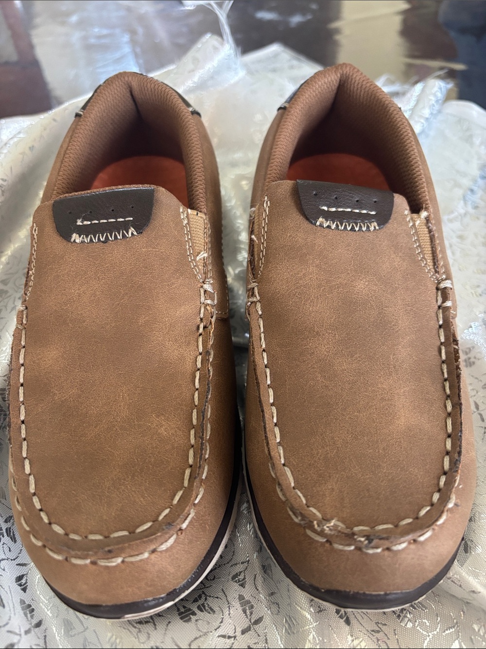Classic Kids Tan Slip-On Loafers with Contrast Stitching